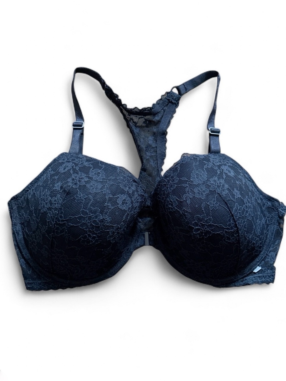 Victoria’s Secret Navy Lace Racerback Snap Front Underwire Bra Size 38DD